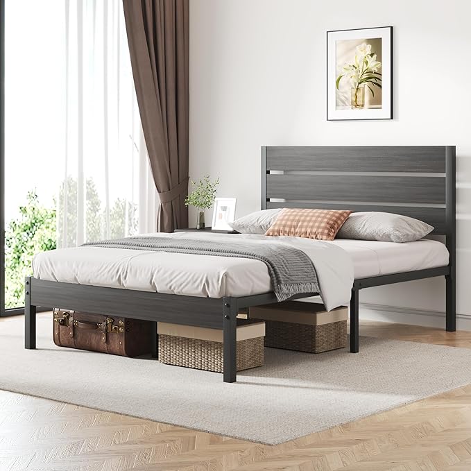 Full Bed Frame with Headboard and Footboard, Metal Platform Bed Frame with Under Bed Storage, All-Metal Support System, No Box Spring Needed, Easy Assembly,Rustic Grey
