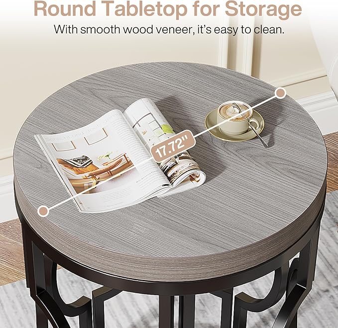 Tribesigns Round End Table Set of 2, Industrial Side Table with Metal Hollow Frame, Small Bedside Table Nightstand for Living Room, Bedroom, Easy Assembly (Grey,2 PCS)