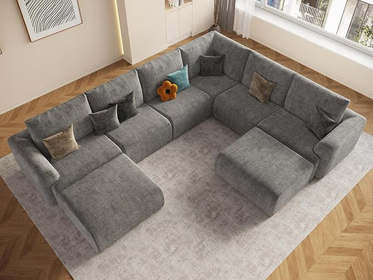 EASE MOOSE Oversized Sectional Cloud Couch, 8-Seat Modular Couch Set, Corner V-Shaped Deep-Seat Boneless Sofa, No-Assembly Chenille Sofa for Living Room, Light Grey