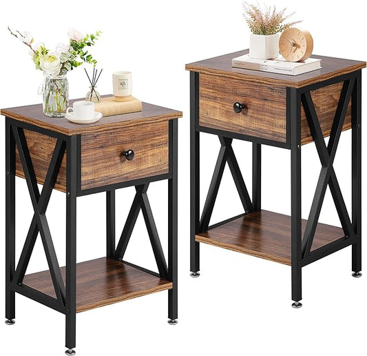 VECELO End Tables, Modern Nightstand with Drawer & Shelf, Night Stand for Bedroom Living Room,Industrial Metal Frame