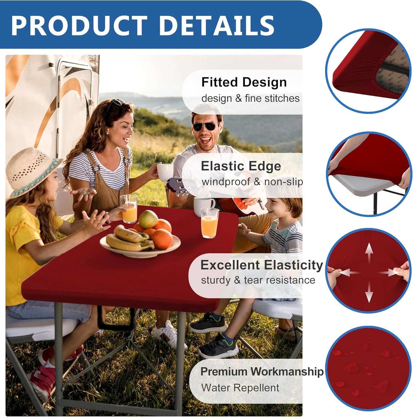 Fitted Tablecloth for 8 Foot Rectangle Tables-6 Pack Red Elastic Outdoor Picnic Table Cover-Spandex Stretch Folding Table Cloths 8ft for Camping Dining Room Patio Kitchen Banquet Party