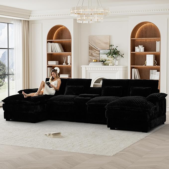 HYJT-H&K 124" U Shaped Cloud Couch Sectional, Comfy Fluffy Plush Corduroy Dark Black Sectional Couches for Living Room, Modern Modular Corduroy Couch Sectionals with Central Console & Double Chaise