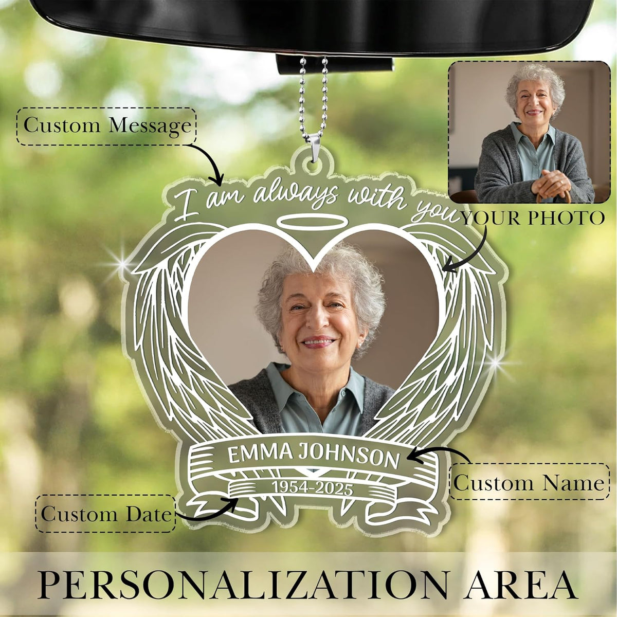 2025 Personalized Memorial Acrylic Car Hanging Ornament - Christmas, Birthday, for Loss of Loved One - Custom Photo in Loving Memory Angel Wings Heart Keepsake Decoration