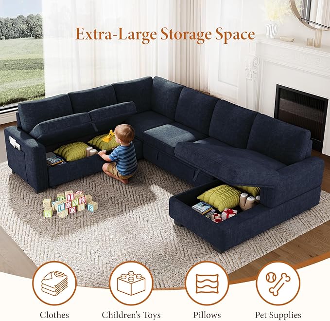 Vesgantti 113.6" Pull Out Sofa Bed with Chaise, 7 Seater U Shaped Sleeper Sofa with Storage Chaise, Comfy Chenille Modular Sectional Couch for Living Room, Bedroom, Apartment, Blue