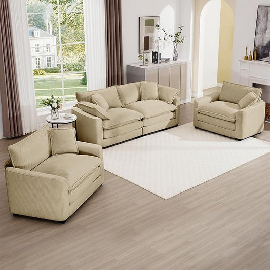 mikibama Luxury 3 Piece Sofa Set, Loveseat Couch & 2 Single Sofa Set, Modern Corduroy Comfy Cloud Couches Set for Living Room Office with 2 Armrest Pillows and 4 Toss Pillows, Camel