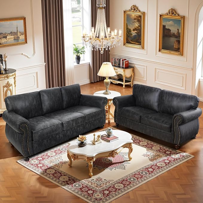 Living Room Furniture Sets,Sofa Sets and Couch Sets for Living Room,Mid-Century Vintage Sofa Couches with Rivet Design (Grey, Loveseat+3 Seater)