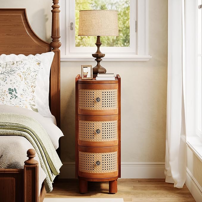 Tribesigns 3-Drawer Rattan End Table, Sofa Side Table with Vintage Embossed Handles, Slim Nightstand for Living Room, Bedroom, Finished Back, No Assembly (Walnut & Oak, 1 PC)