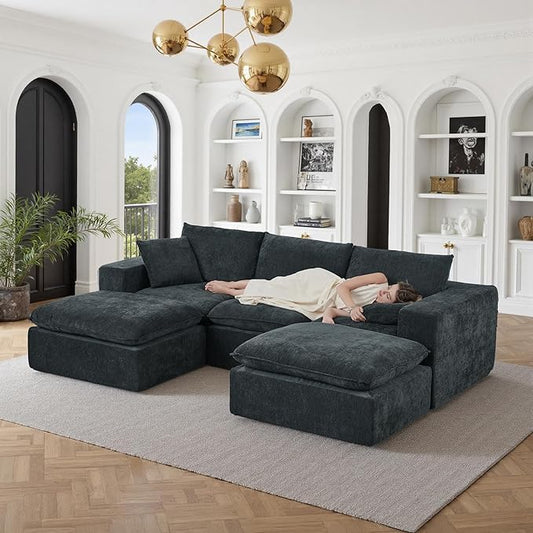 108" Sectional Couches for Living Room Boneless Couch Upholstered Cloud Couch Sectional Modular Sectional Sofa with L Shaped (Chenille-Blue, 3 Seat+2 Ottoman)