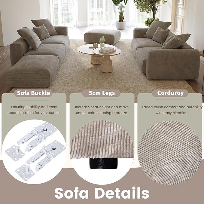 WJShome Cloud Couch Modular Sectional Sofa,141.73" U Shaped Sofa with 2 Ottomans,Brown Corduroy Couch 5 Seater,Convertible Sectional Sofa for Living Room,Cushion Covers Removable& Washable