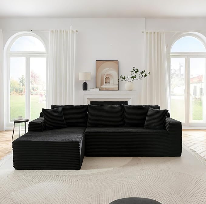Upgrade 108’’ L Shape Cloud Couch, Plush Corduroy Sectional Sofa with Chaise, Boneless Couches for Living Room Bedroom, No Assembly Required (Black, Left Facing Chaise)