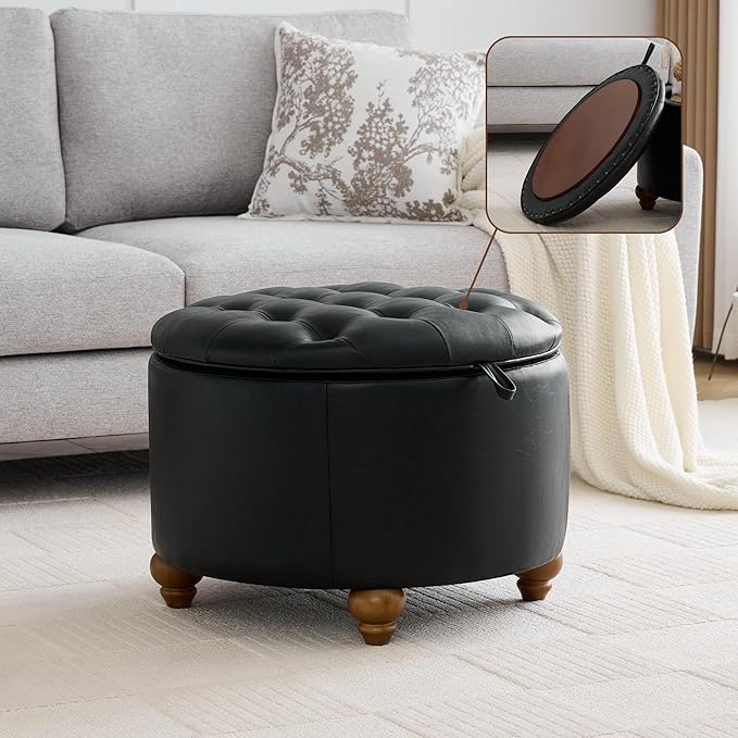 24Inch Round Storage Ottoman with Tray, Modern Tufted Leather Circle Coffee Table with Storage, Upholstered Ottoman with Removable Top for Living Room, Bedroom, Leather Black