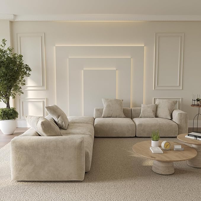 Oversized Modular Sectional Sofa with Ottomans,5 Seater Corduroy V Shaped Reversible Corner Couch,141.73" Convertible Sofa & Couch Free Combination for Living Rooom,Beige