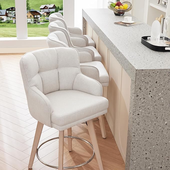 360°Swivel Counter Height Bar Stools with Back, 26 inch Solid Wood Legs, Bar Stool Modern Kitchen Island Chairs, Fabric (Beige- Fabric, 26" H- Set of 1)