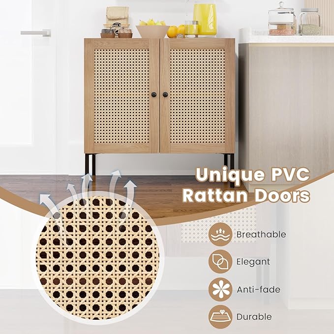 COSTWAY Buffet Cabinet with Storage, Storage Sideboard with Rattan Decorated Doors, Adjustable Shelf, Metal Legs, Accent Cabinet, Buffet Table Credenza for Hallway, Entryway, Living Room (2, Oak)