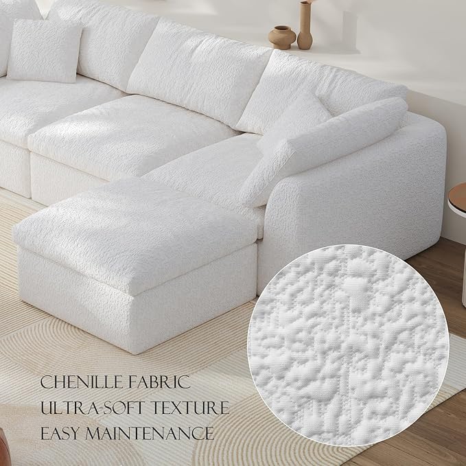 108" Boneless Cloud Couch Modular Sectional Sofa with Deep Seat for Living Room, L Shape Couch with Ottoman, Snowflake Cloth and 40D Memory Sponge，2 Throw Pillows (White, 3 Seater+1 Ottoman)