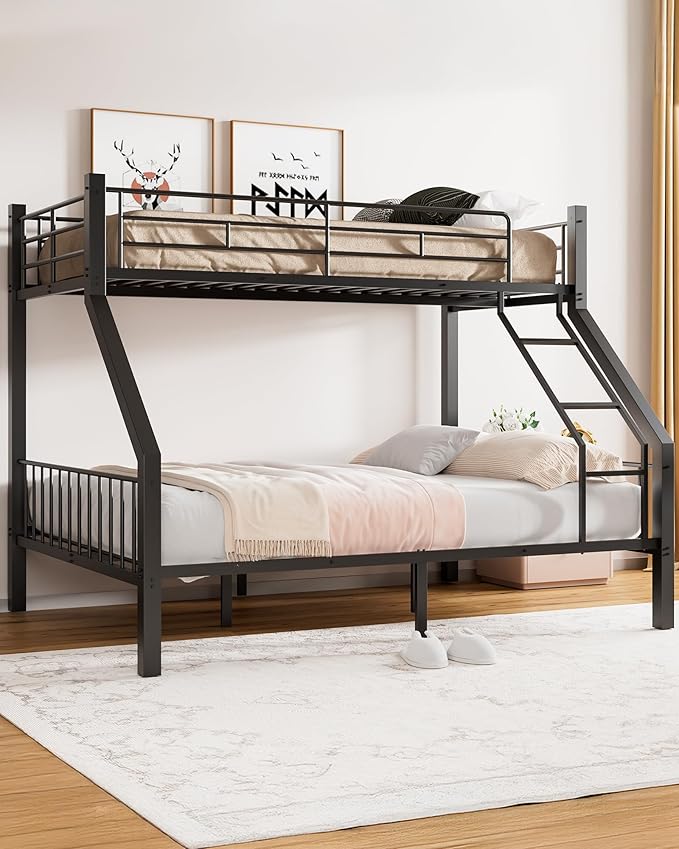 Twin XL Over Queen Bunk Bed, Heavy Duty Bunk Bed with EVA Padded Ladder and Full-Length Guardrails, Metal Queen Bed Frame with Slats Support for Adults, Teens, Kids, Black