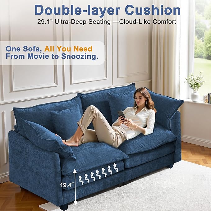 77" Cloud Chenille Sofa Set with Pillows, Deep Seat Loveseat Couch for Apartments, Space Saving 2-Seater with Solid Wood Frame, Easy Assembly (1YR Guarantee)