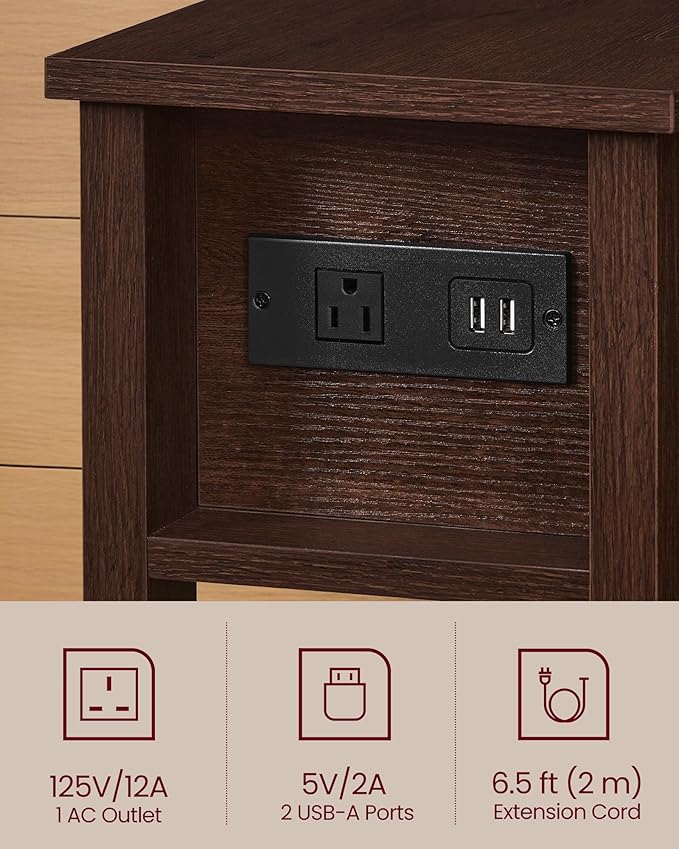 VASAGLE Narrow Side Table with Charging Station, Farmhouse End Table with Storage Drawer, Nightstand, Superfast Toolless Assembly, for Living Room, Bedroom, Saddle Brown ULET328K01