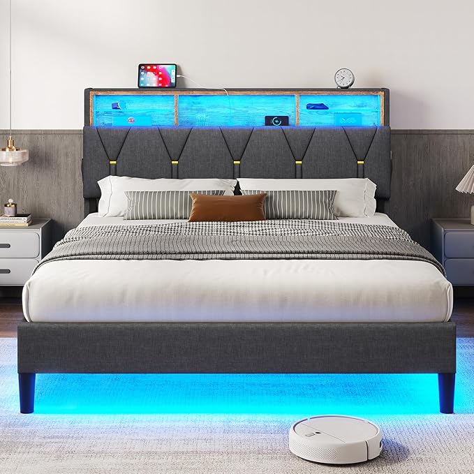 LED Full Bed Frame with Charging Station, Full Size Bed Frame with Storage Headboard, Modern Upholstered Platform Bed with Shelf Headboard, Noise-Free, Dark Grey
