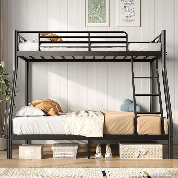 SDHYL Bunk Beds Twin Over Full Size, Heavy Duty Metal Bunk Bed Frame for Adults, Space-Saving & No Box Spring Needed, Black