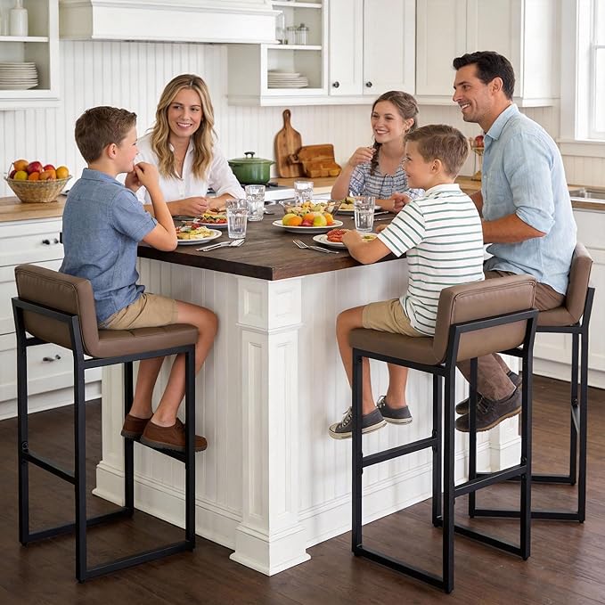 Set of 3 Bar Stools with Back, Modern Bar Height Barstools with Thickened Metal Legs, 30" Faux Leather Counter Chairs for Kitchen Island, Bar, Counter (Coffee Brown, 3Pcs 30" Bar Stools)