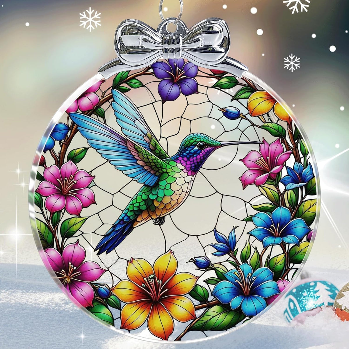 Hummingbird Stained Glass Christmas Ornament - Hanging Ornaments for Christmas Tree Decorations -Holiday Keepsake Present Exchange Idea