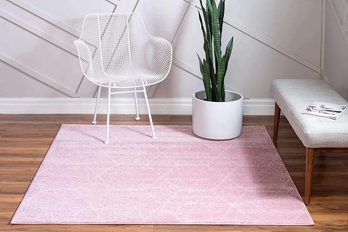 Unique Loom Trellis Frieze Collection Area Rug - Geometric (7' Square, Light Pink/ Ivory)