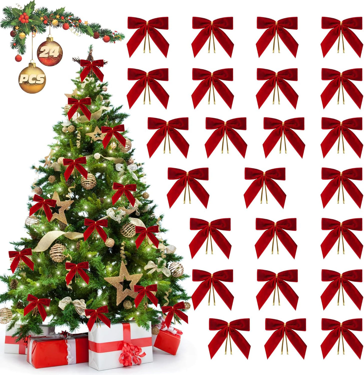 Burgundy Velvet Bows for Christmas Tree Decorations, 24 Pcs Premium Velvet Ribbon Bows, Christmas Tree Ornaments for Xmas Wreaths, Gift Toppers & Holiday Home Decor(1" Width, 3.5x3.5 Inch)