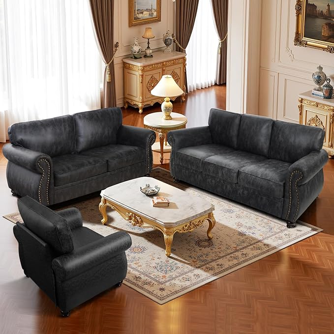 Mid-Century Vintage Sofa Couches with Rivet Design,loveseat Sofa,Removable Sofa Cover Upholstered Cushions and Solid Wood Frame (Grey, Loveseat)