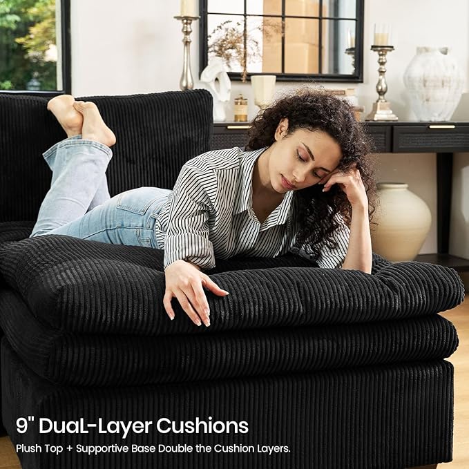 Belffin Large Modular Sectional Sofa with Double Deep Chaise and Loveseat, Corduroy U Shape Couch with 9" Soft Dual-Layer 9 Seats Cushion for Living Room, Apartment, Black