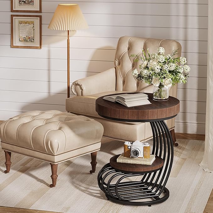 Tribesigns Round End Table Set of 2, 2-Tier Farmhose Wood Side Table with Shelf Storage, Small Sofa Side Bedside Nightstand, Accent Furniture for Living Room, Rustic Brown