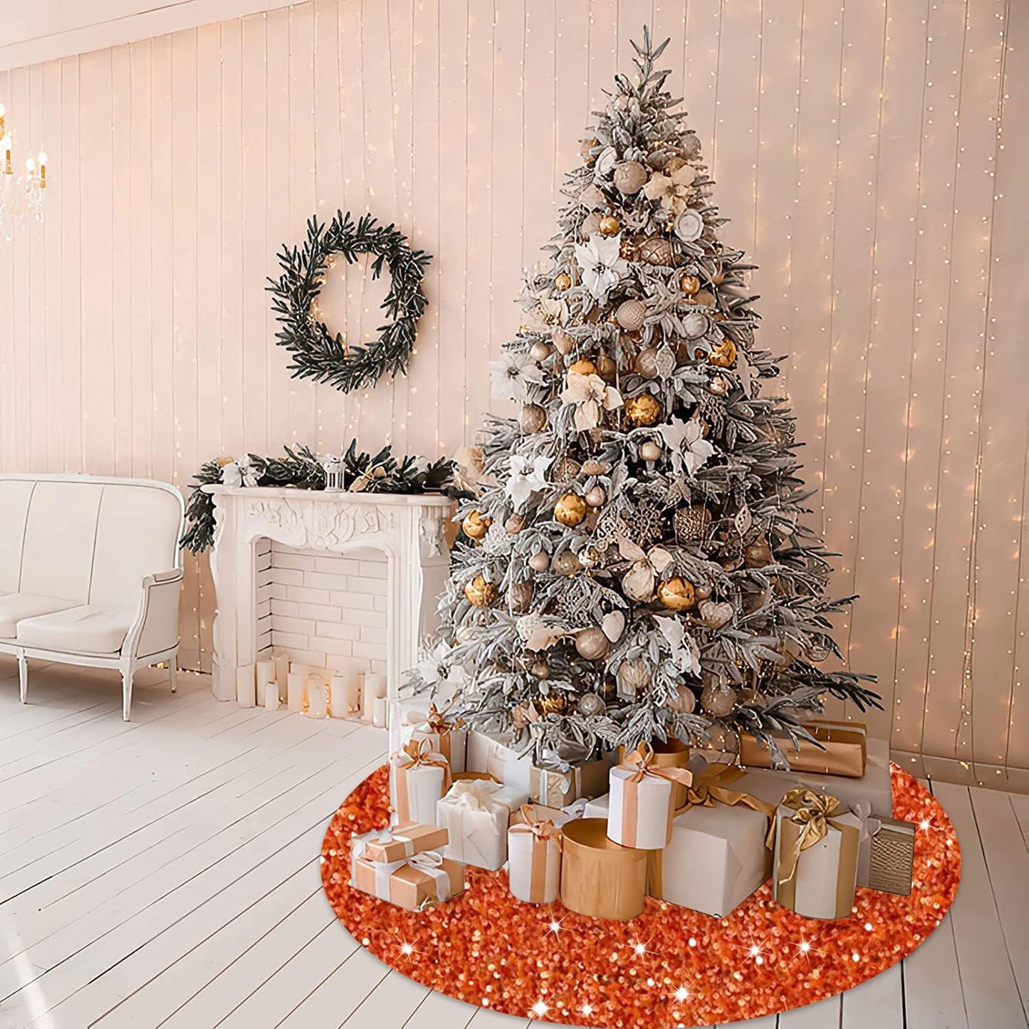 Orange Christmas Tree Skirt 21 Inch Sequined Xmas Tree Mats High-end Small Halloween Tree Skirt Velvet Fabric Christmas Tree Carpet Glitter Christmas Tree Skirt for Halloween Xmas New Year Party Decor