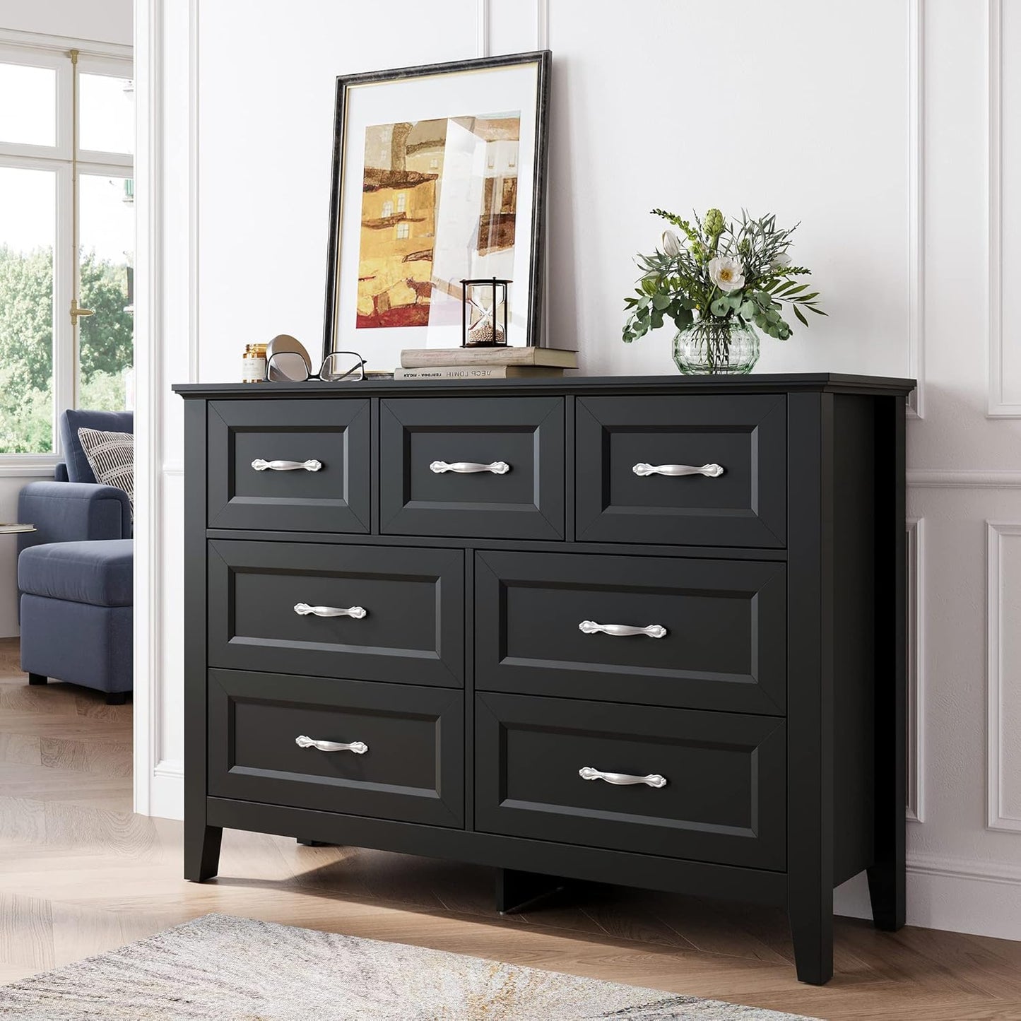 LINSY HOME Farmhouse 7 Drawers Dresser Chests for Bedroom, Wood Dresser Wide Chest of Drawers, Storage Dressers Organizer for Bedroom, Living Room,Hallway, SGS Certified
