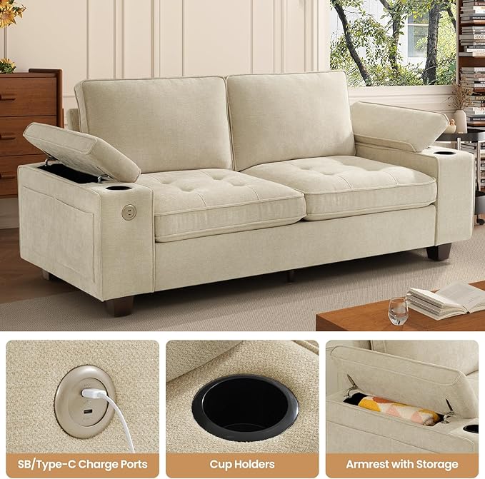 84" Loveseat for Living Room,Modern Chenille Upholstered 2-Seater Loveseat Couch for Apartment,Solid Wood Sofa with Adjustable Storage Armrest,Cup Holders,USB & Type-C Ports(Beige)