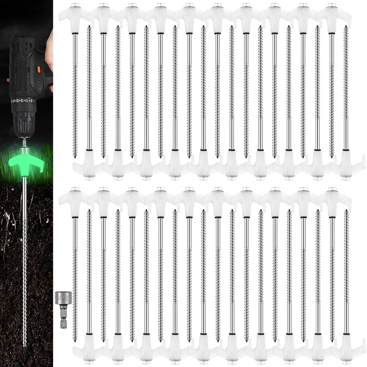 Hicarer 40 Pcs 20 Pcs 8'' Screw in Tent Stakes Heavy Duty Ground Metal Stakes for Inflatables with Hex Head Driver for Outdoor Camping Tent Inflatable Garden Decor (Luminous White)