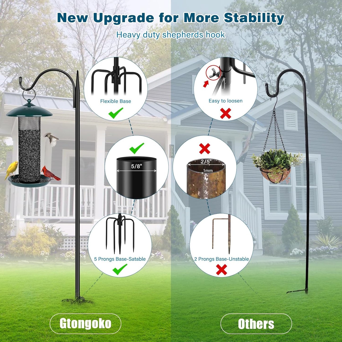 Gtongoko 47 inch Small Shepherds Hooks for Outdoor with 5 Prongs, Adjustable Bird Feeder Pole Garden Hooks for Hanging Lanterns, Plants Baskets, Hummingbird Feeders, 2 Pack