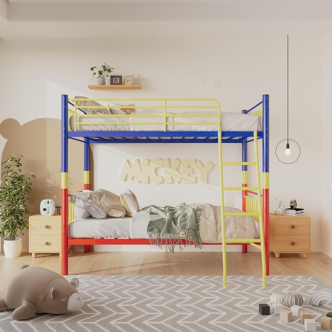 Metal Bunk Bed Twin Over Twin，Loft Bed with Removable Ladder and Full-Length Guardrail，Twin Bunk Beds Frame Heavy Duty Metal Slat Support for Adults, Kids and Young Teens