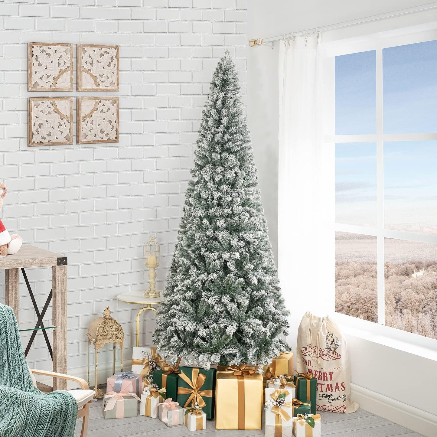 Naomi Home Artificial Christmas Tree with Lights, Prelit Christmas Tree, Christmas Tree with Lights, Pine Christmas Trees, Hinged White Christmas Trees with - Tips - Green 9 Ft/Frosted