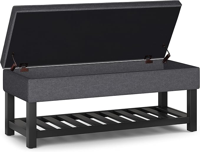 SIMPLIHOME Cosmopolitan Storage Ottoman Bench - 44 inch Wide Upholstered Linen Look Fabric Rectangle Storage Ottoman in Slate Grey, Transitional Bench for Bedroom with Tufted Lift-Top and Open Shelf