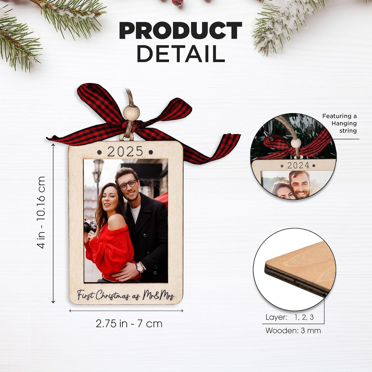 Christmas Photo Frame Ornament, 2025 Ornament, Wooden Picture Frame Ornaments With Hanging String (2025 Mr & Mrs (Portrait))