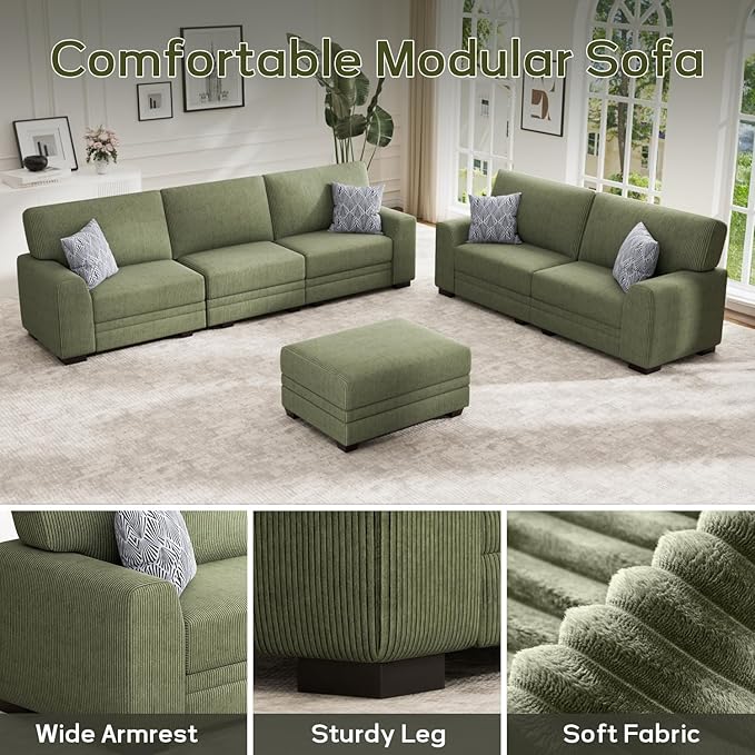 Wanderwell Oversized Modular Sectional Sofa, 6-Seater U Shaped Couches with Movable Ottoman,Corduroy Sectional Couch with Wide and Deep Seats Suitable for Living room,Bedroom,Apartment (Olive, 2+3+OT)
