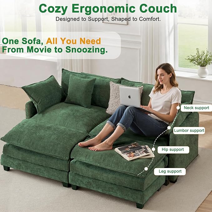 Expandable L-Shaped Sectional Sofa with Ottoman for Apartments, 77" Cloud Chenille Sofa, Create a U-Shape Layout with Optional 2nd Ottoman, Solid Wood Frame, Easy Assembly