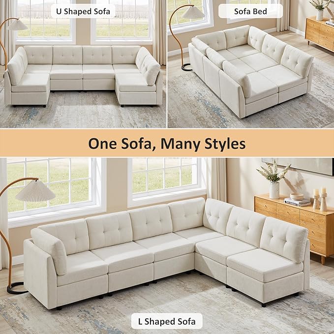 VANOMi 6 Seat Sectional Couches for Living Room, 118" Convertible Modular Cloud Sofa, Comfy Chenille Sofas & Couches for Living Room, Apartment, Office, Beige, L/U Shaped