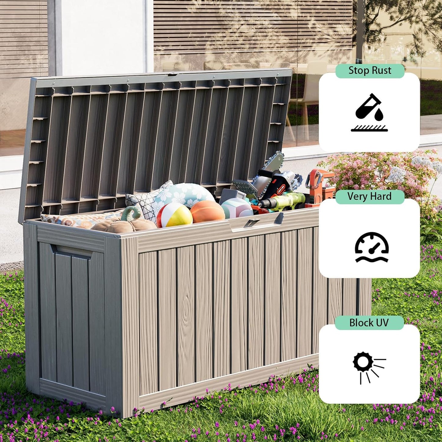 80 Gallon Outdoor Storage Box – Waterproof Deck Box for Garden & Patio,Light Brown