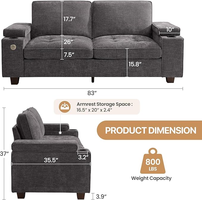 84" Loveseat Couch for Living Room,Modern Chenille Upholstered Sofa with Adjustable Storage Armrest,Cup Holders,USB & Type-C Ports,Solid Wood 2-Seater Loveseat Sofa for Apartment(Deep Gray)