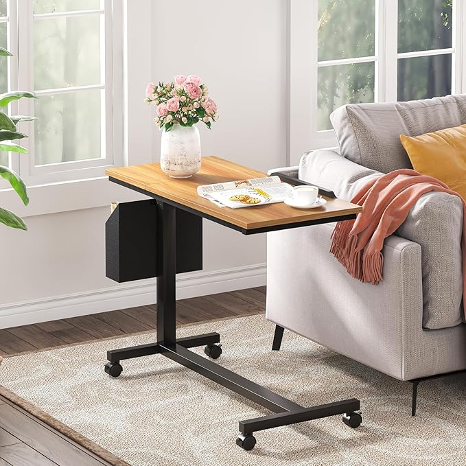 Tribesigns C-Shaped End Table, Small Adjustable Height Rolling Side Table with Wheels and Storage Bag, Portable Mobile Tiltable Laptop Desks for Couch, Living Room, Bedroom, Walnut