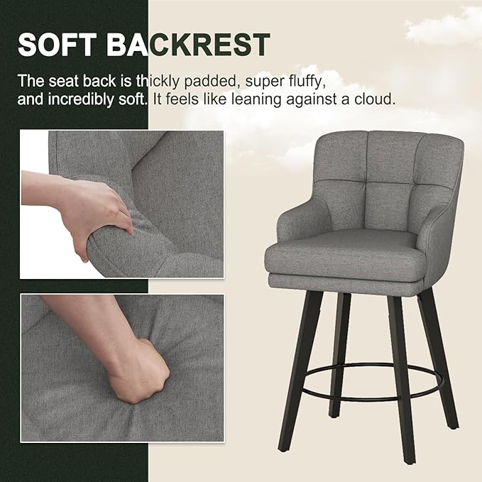 360°Swivel Counter Height Bar Stools with Back, 26 inch Solid Wood Legs, Bar Stool Modern Kitchen Island Chairs, Fabric (Mid-Grey- Fabric, 26" H- Set of 2)