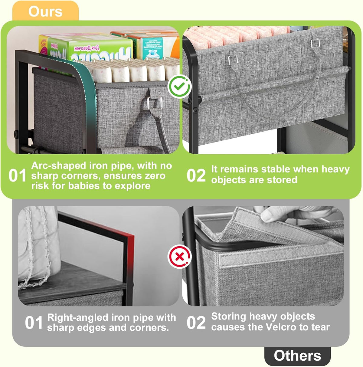 2In1 Baby Diaper Caddy Organizer and Storage, 3 Tier Rolling Cart with Dividers and Drawers, Mobile Utility Cart Baby Dresser Clothes Organizer for Changing Table, Crib Nursery, Bedroom, Grey