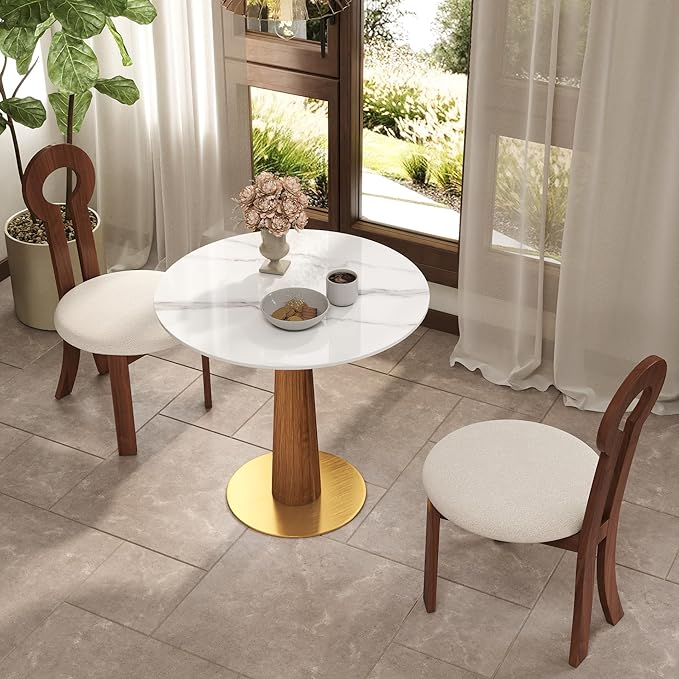 Sintered Stone Office Table and Chair Set - 33.5" Round Table for Small Offices (Light Brown Leg and White Top, 1 Table and 2 Chairs)