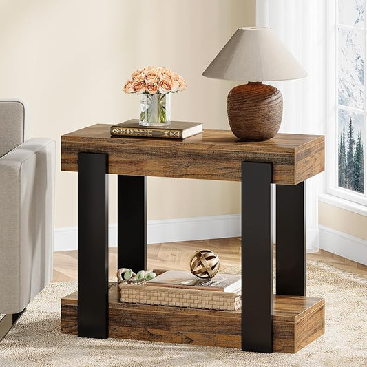 Tribesigns Narrow End Table, 2-Tier Farmhouse Side Table with Storage Shelf for Living Room, Rectangular Night Stand and Bedside Tables for Bedroom, Brown